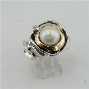 White Pearl Ring 9k Yellow Gold 925 Silver 7,8,9 Handmade Hadar Designers (Ms)