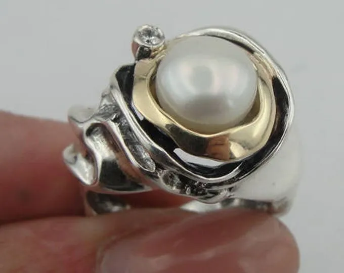 White Pearl Ring 9k Yellow Gold 925 Silver 7,8,9 Handmade Hadar Designers (Ms)