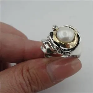 White Pearl Ring 9k Yellow Gold 925 Silver 7,8,9 Handmade Hadar Designers (Ms)