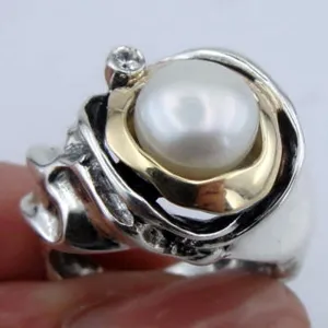 White Pearl Ring 9k Yellow Gold 925 Silver 7,8,9 Handmade Hadar Designers (Ms)