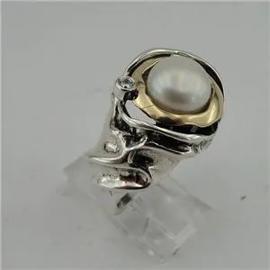 White Pearl Ring 9k Yellow Gold 925 Silver 7,8,9 Handmade Hadar Designers (Ms)