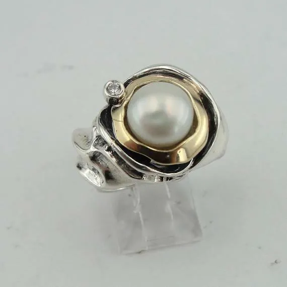White Pearl Ring 9k Yellow Gold 925 Silver 7,8,9 Handmade Hadar Designers (Ms)