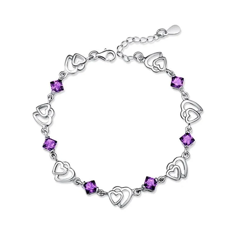 Women 925 Sterling Silver Heart to Heart Bracelets with Purple Rhombus Stone, Party Jewelry Gift for Women
