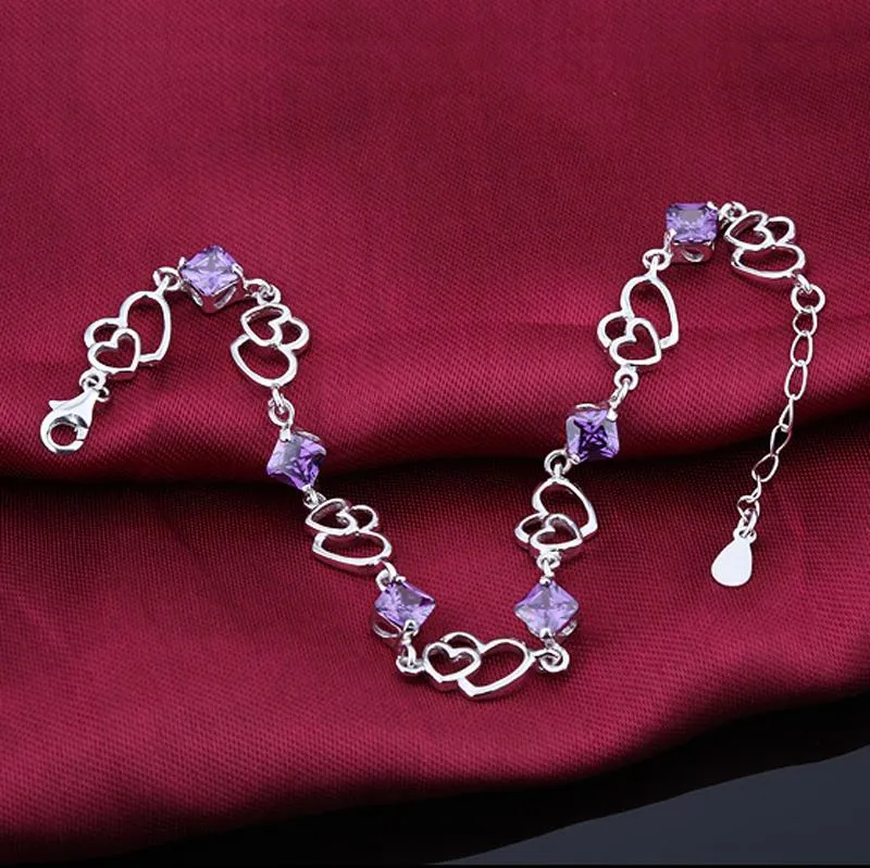 Women 925 Sterling Silver Heart to Heart Bracelets with Purple Rhombus Stone, Party Jewelry Gift for Women
