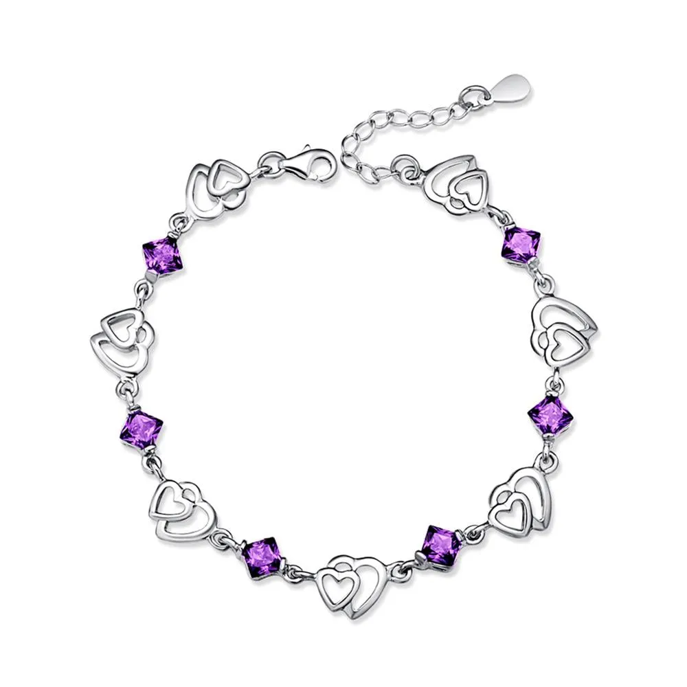 Women 925 Sterling Silver Heart to Heart Bracelets with Purple Rhombus Stone, Party Jewelry Gift for Women