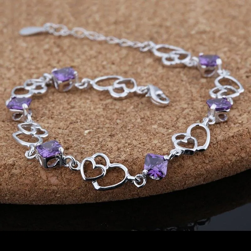 Women 925 Sterling Silver Heart to Heart Bracelets with Purple Rhombus Stone, Party Jewelry Gift for Women