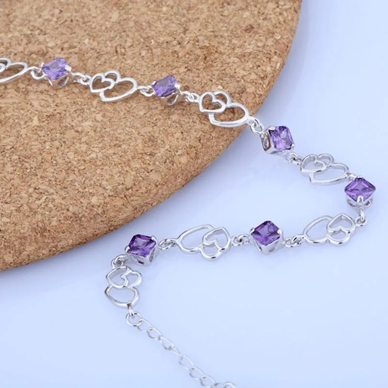 Women 925 Sterling Silver Heart to Heart Bracelets with Purple Rhombus Stone, Party Jewelry Gift for Women