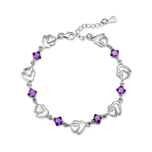 Women 925 Sterling Silver Heart to Heart Bracelets with Purple Rhombus Stone, Party Jewelry Gift for Women