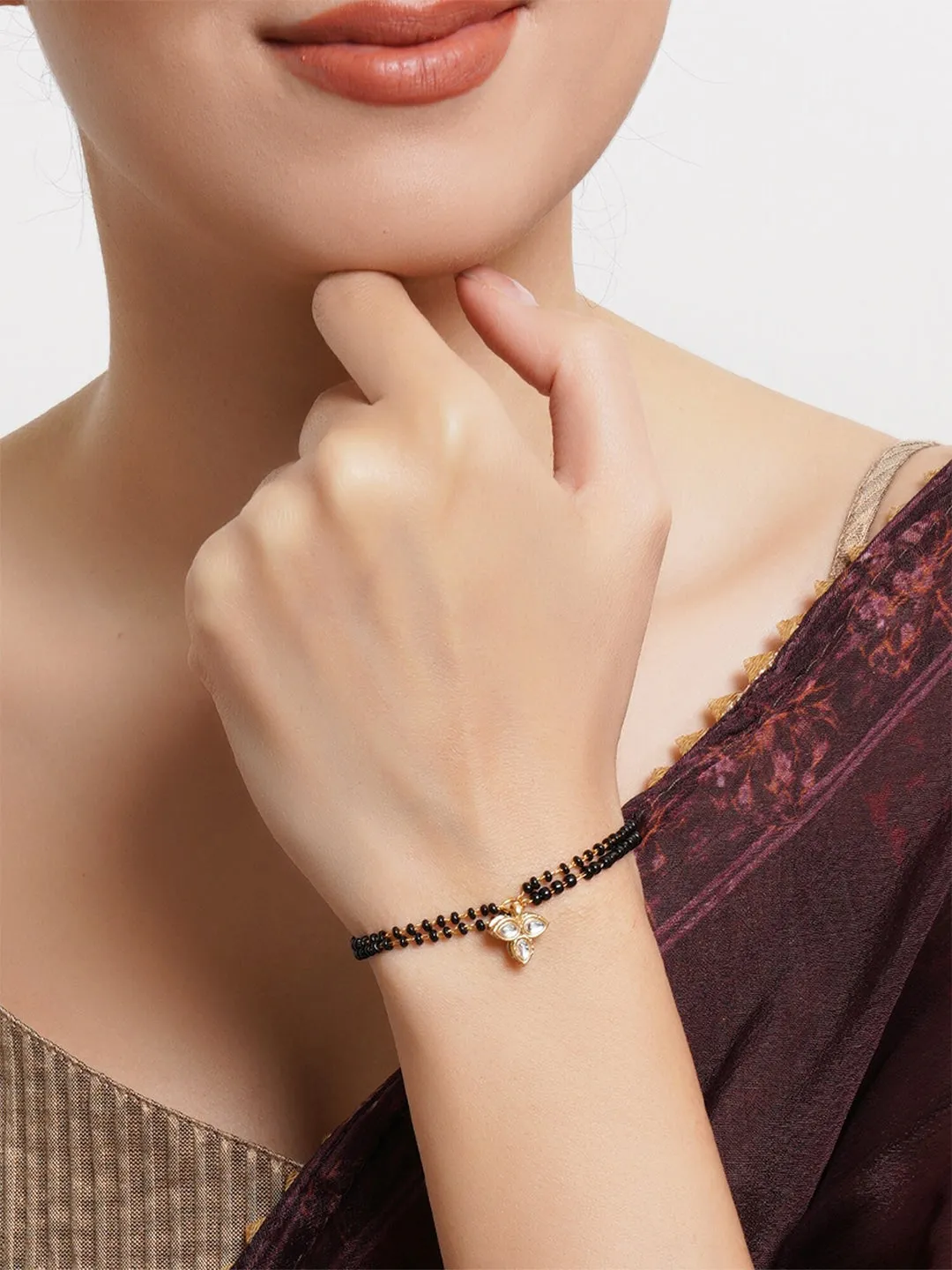 Women Gold-Toned & Black Kundan Gold-Plated Charm Mangalsutra Bracelet