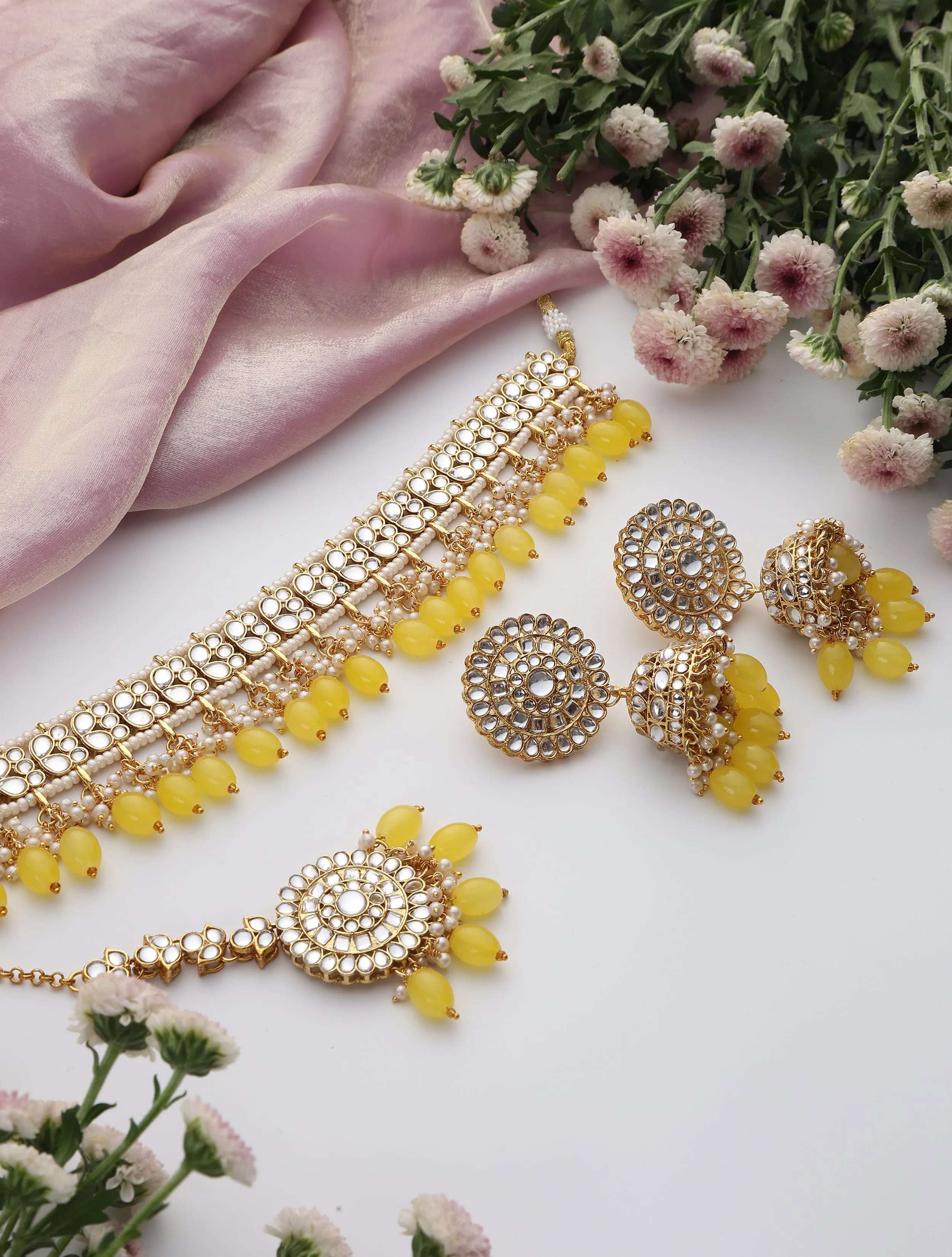 Yellow Color Drop Choker Kundan Necklace, Earring and Maang Teeka Set