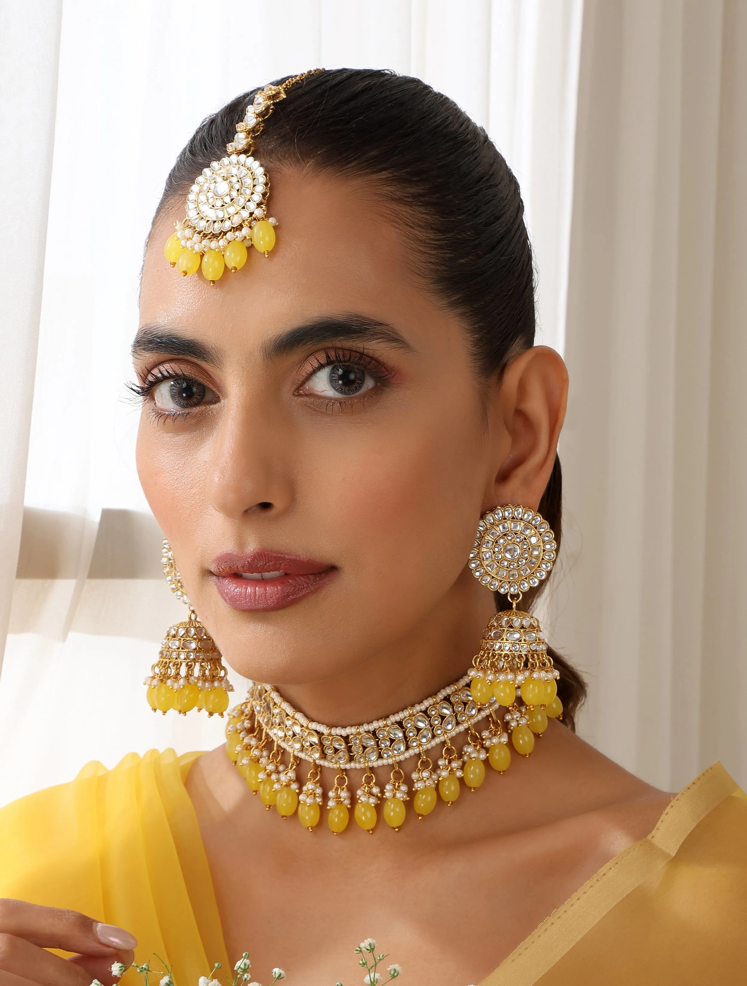 Yellow Color Drop Choker Kundan Necklace, Earring and Maang Teeka Set