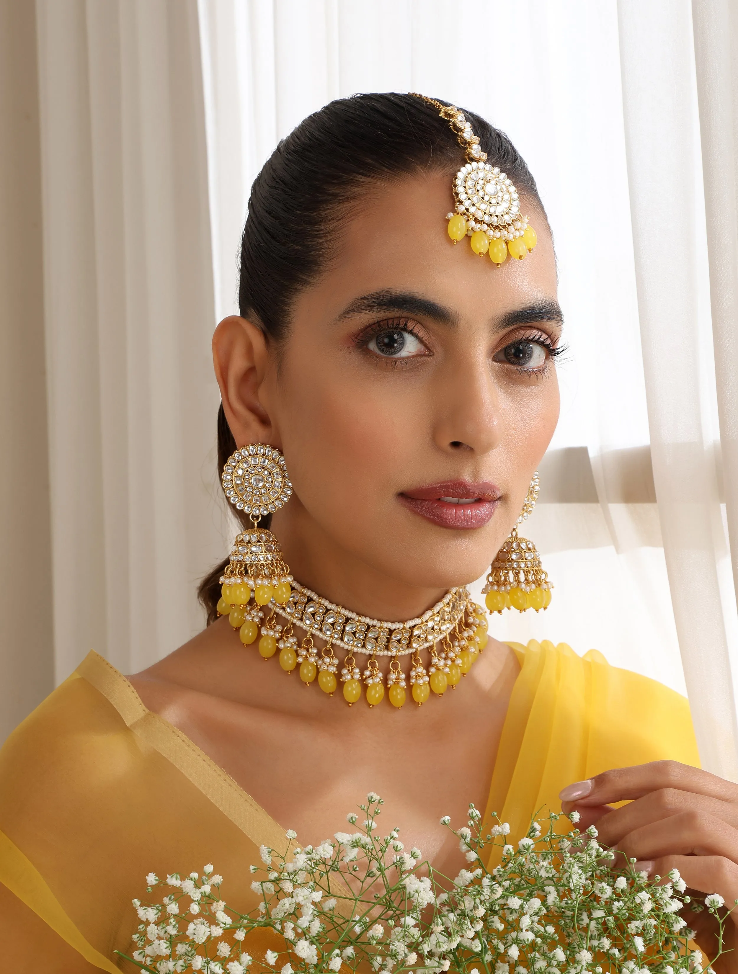 Yellow Color Drop Choker Kundan Necklace, Earring and Maang Teeka Set