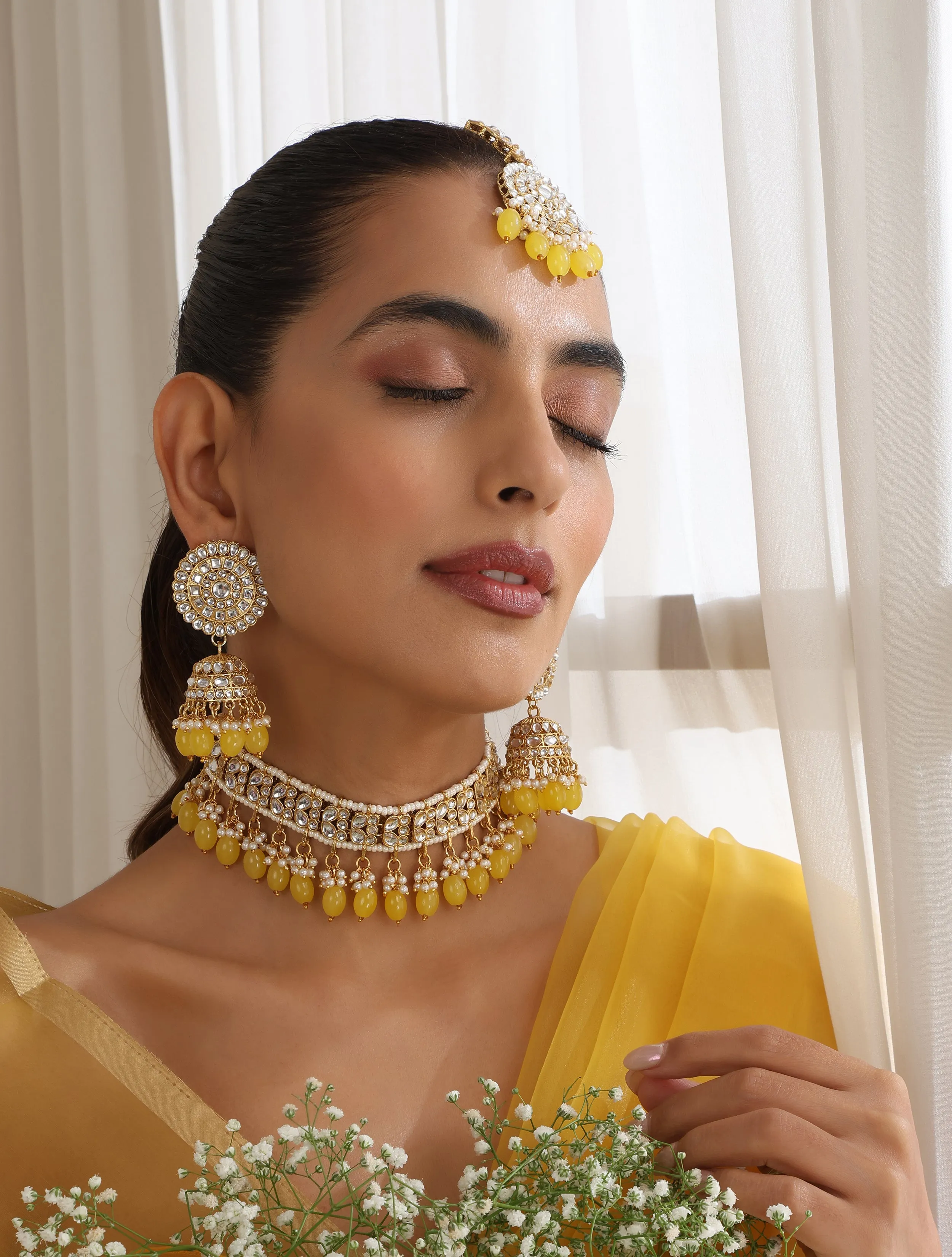 Yellow Color Drop Choker Kundan Necklace, Earring and Maang Teeka Set