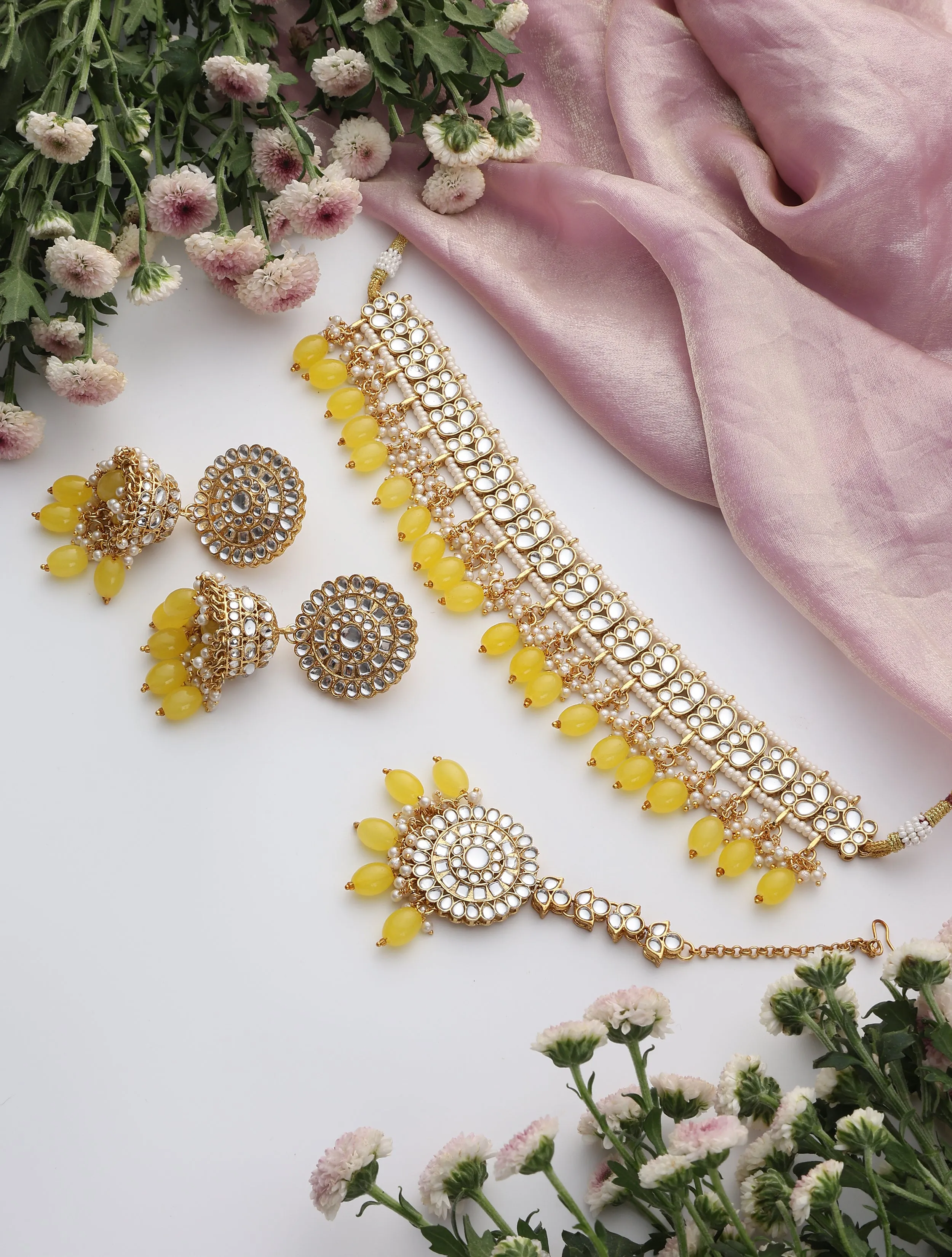 Yellow Color Drop Choker Kundan Necklace, Earring and Maang Teeka Set